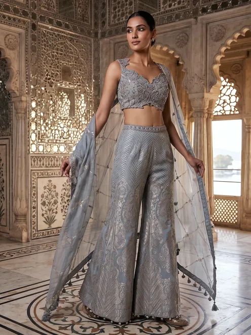 Stone grey banarasi silk palazzo suit with zari