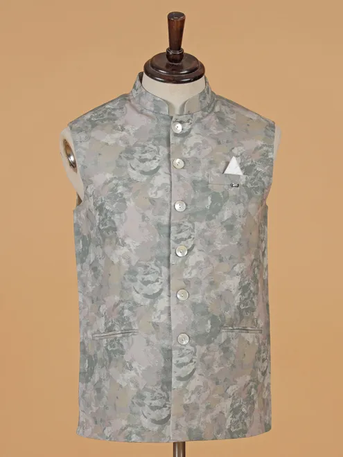 Stone grey cotton printed waistcoat for men
