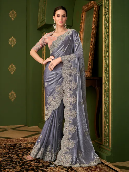 Stone grey satin georgette silk embellished saree