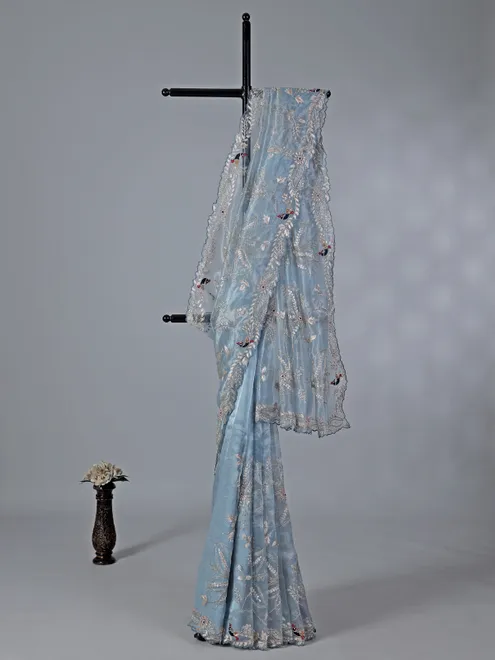 Stone grey tissue silk saree with diamond work