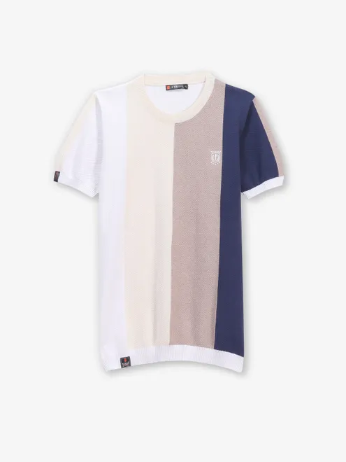 STRIDE cream cotton color block t-shirt