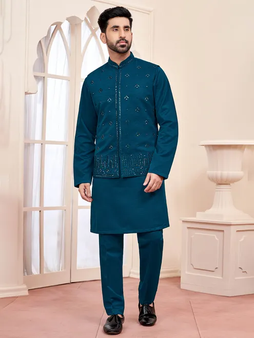 Striking rama blue waistcoat set for men
