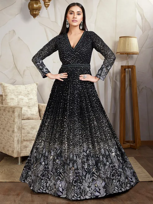 Stunning black silk anarakali suit