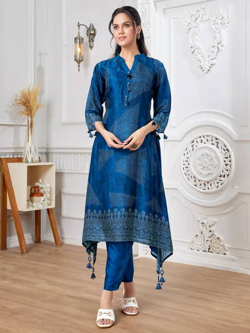 Stunning blue kurti set in russian silk
