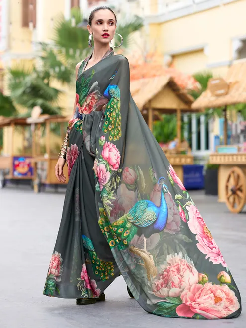 Stunning dark grey georgette saree for festive