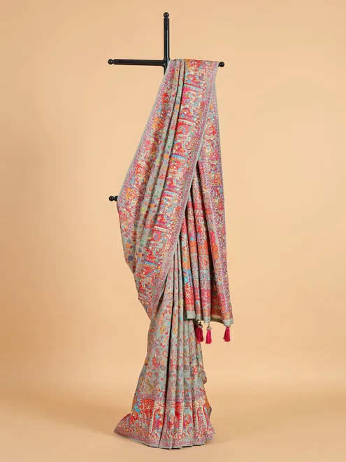 Stunning grey pashmina silk printed saree
