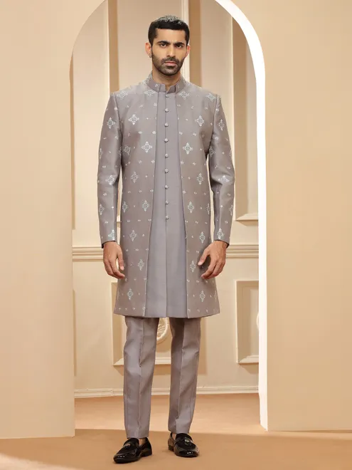 Stunning grey raw silk indowestern