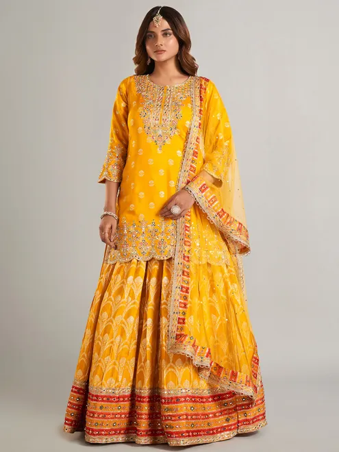 Stunning mustard yellow silk lehenga suit