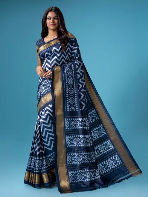 Stunning navy silk printed saree