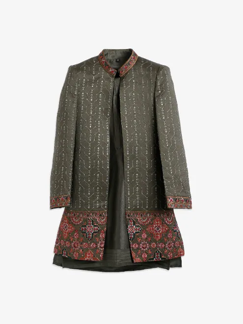 Stunning olive silk embroidery indowestern