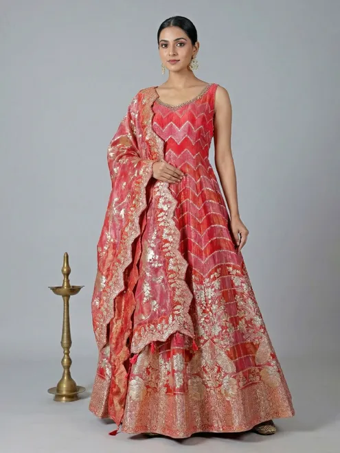 Stunning pink anarkali suit in tissue silk