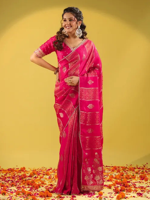 Stunning pink silk saree for wedding wear