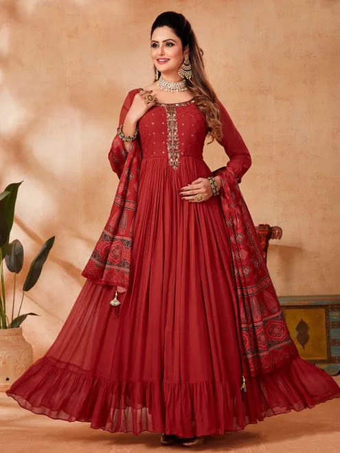 Red anarkali suit with dupatta in georgette