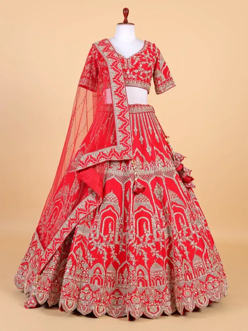 Stunning red raw silk bridal style lehenga choli