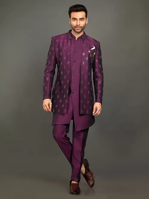 Stunning wine cotton silk indowestern for men