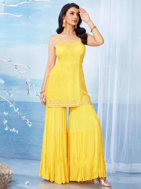 Stunning yellow georgette sharara suit for wedding