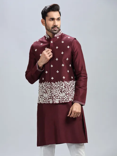 Stuuning wine silk waistcoat set for men