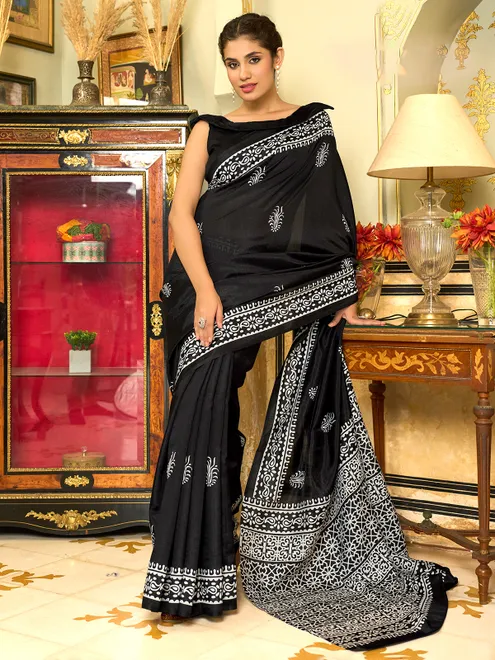 Stylish black bhagalpuri silk saree with prints