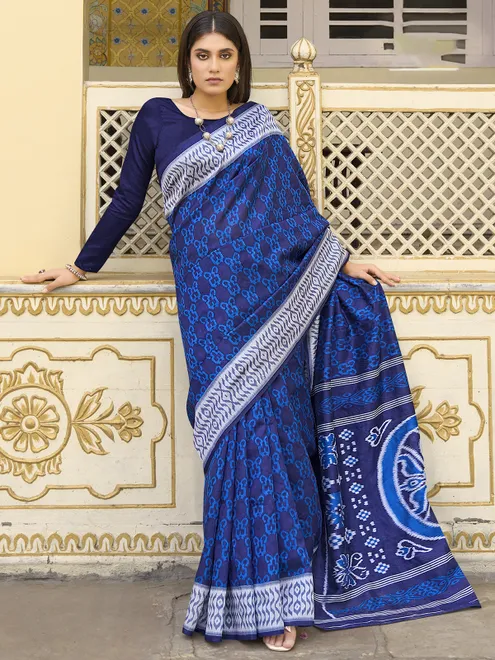 Stylish blue saree printed in bhagalpuri silk
