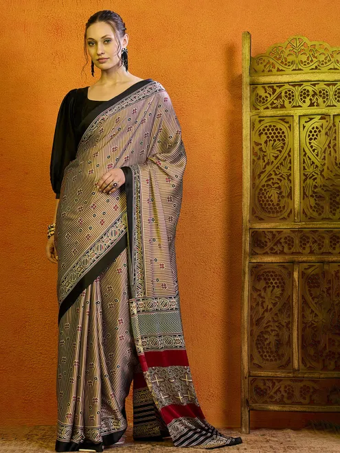 Stylish brown bhagalpuri silk saree with prints