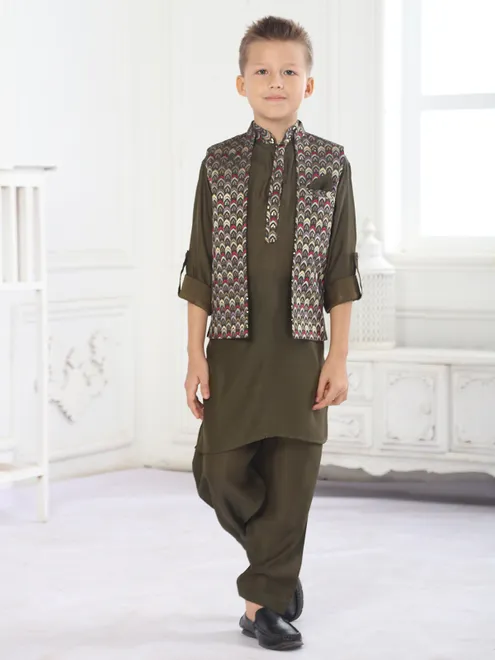 Stylish dark olive embroidered waistcoat set for boys