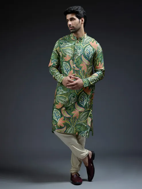 Stylish green silk tropical printed kurta suit for men