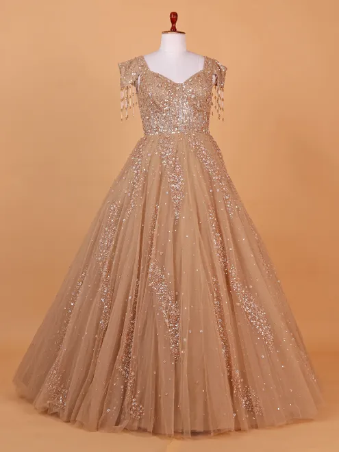 Stylish peach net gown for party wear