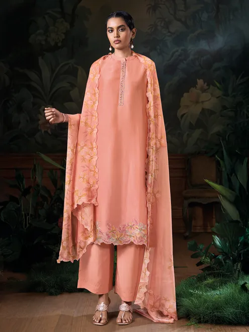 Stylish peach silk palazzo suit with dupatta