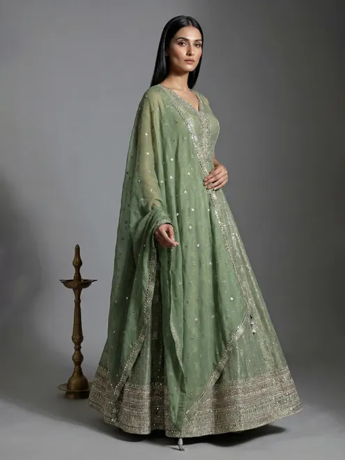 Stylish sage green silk anarkali suit