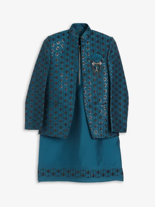 Stylish silk teal blue indowestern