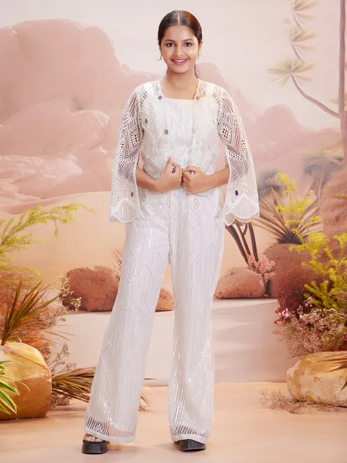 Stylish white net palazzo salwar suit for girls