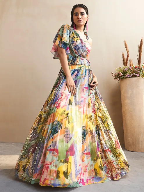 Stylish yellow printed lehenga choli