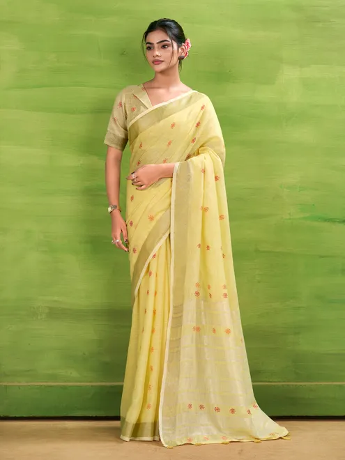 Sunshine yellow linen silk zari saree