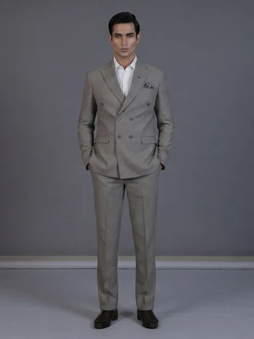 Taupe designer double breasted suit with textured birdseye peak lapel