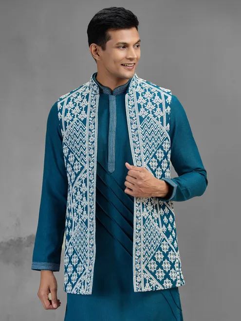 Teal blue art silk geometric mens waistcoat set