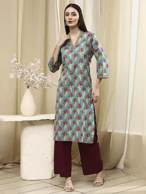 Teal blue cherry print beaded kurti