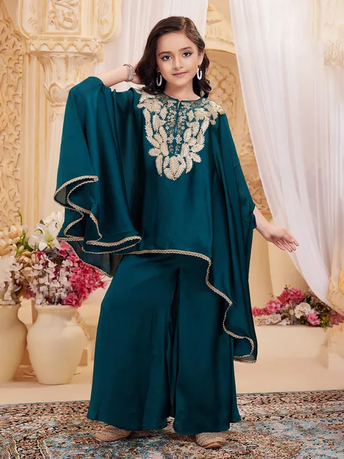 Teal blue chiffon ponchos style palazzo suit