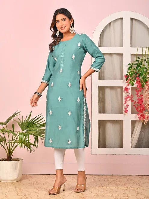 Teal blue cotton silk casual kurti