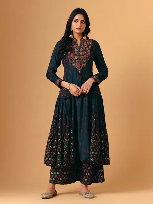 Teal blue cotton silk full sleeve palazzo suit