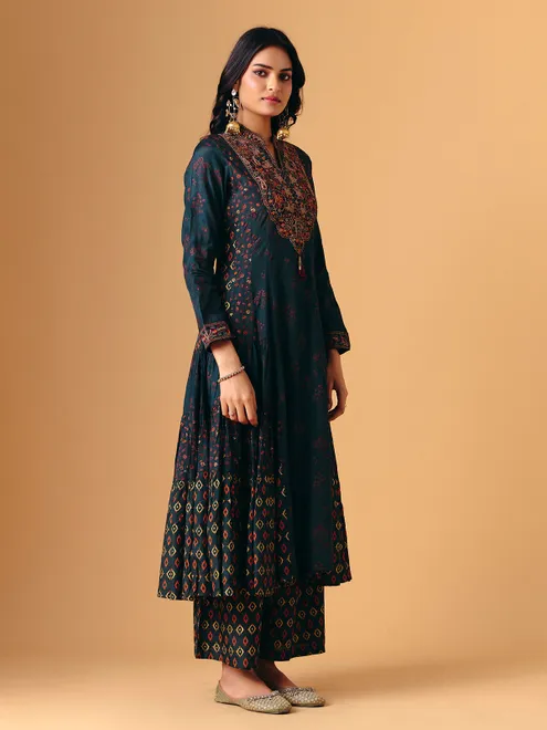 Teal blue cotton silk full sleeve palazzo suit