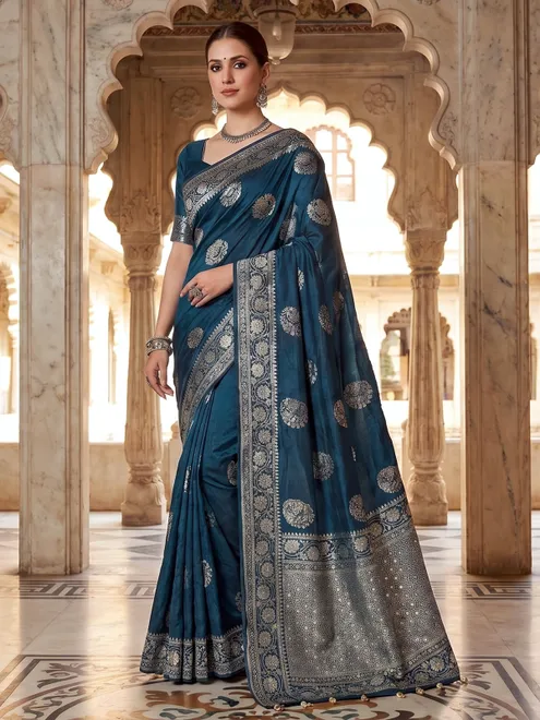 Teal blue dola silk booti celebration wear saree