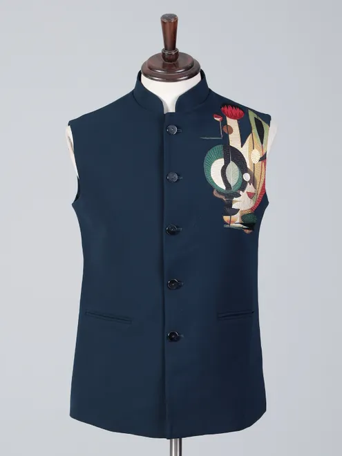 Rama blue embroidered terry rayon waistcoat