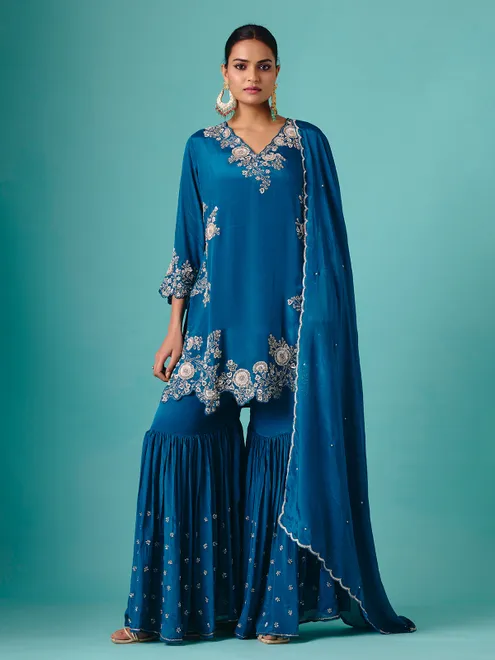 Teal blue georgette V neck elegant sharara suit