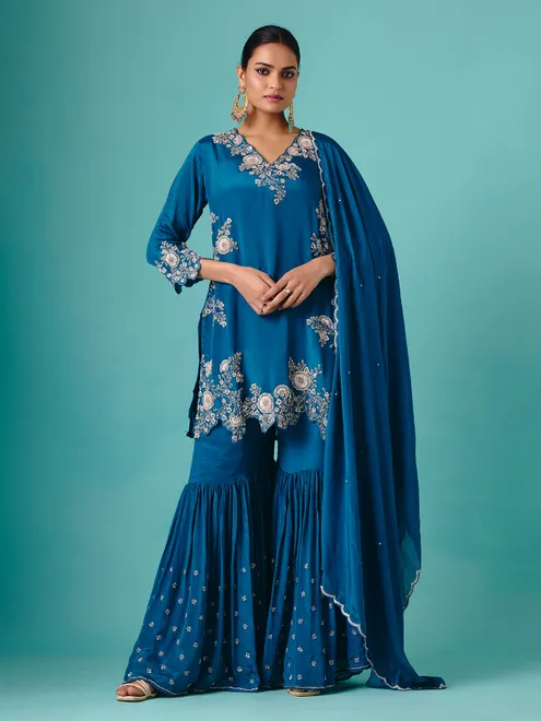 Teal blue georgette V neck elegant sharara suit