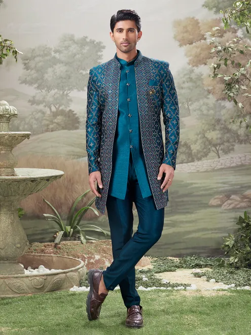 Teal blue indo western for wedding functions