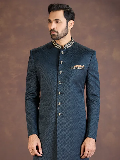Teal blue jacquard Indo western set with embroidery