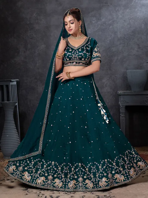 Teal blue lehenga choli with zardosi work