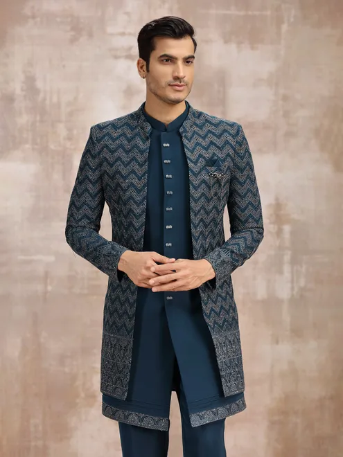 Teal blue men indowestern set set for wedding