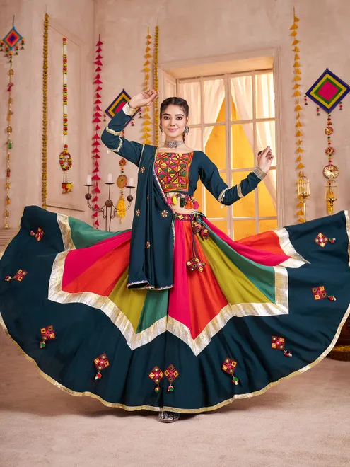 Teal blue navratri chaniya choli with beads and mirror work