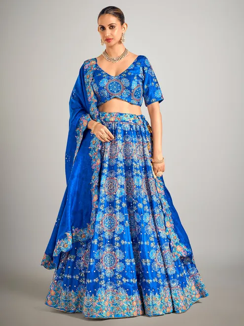 Teal blue printed silk wedding wear lehenga choli
